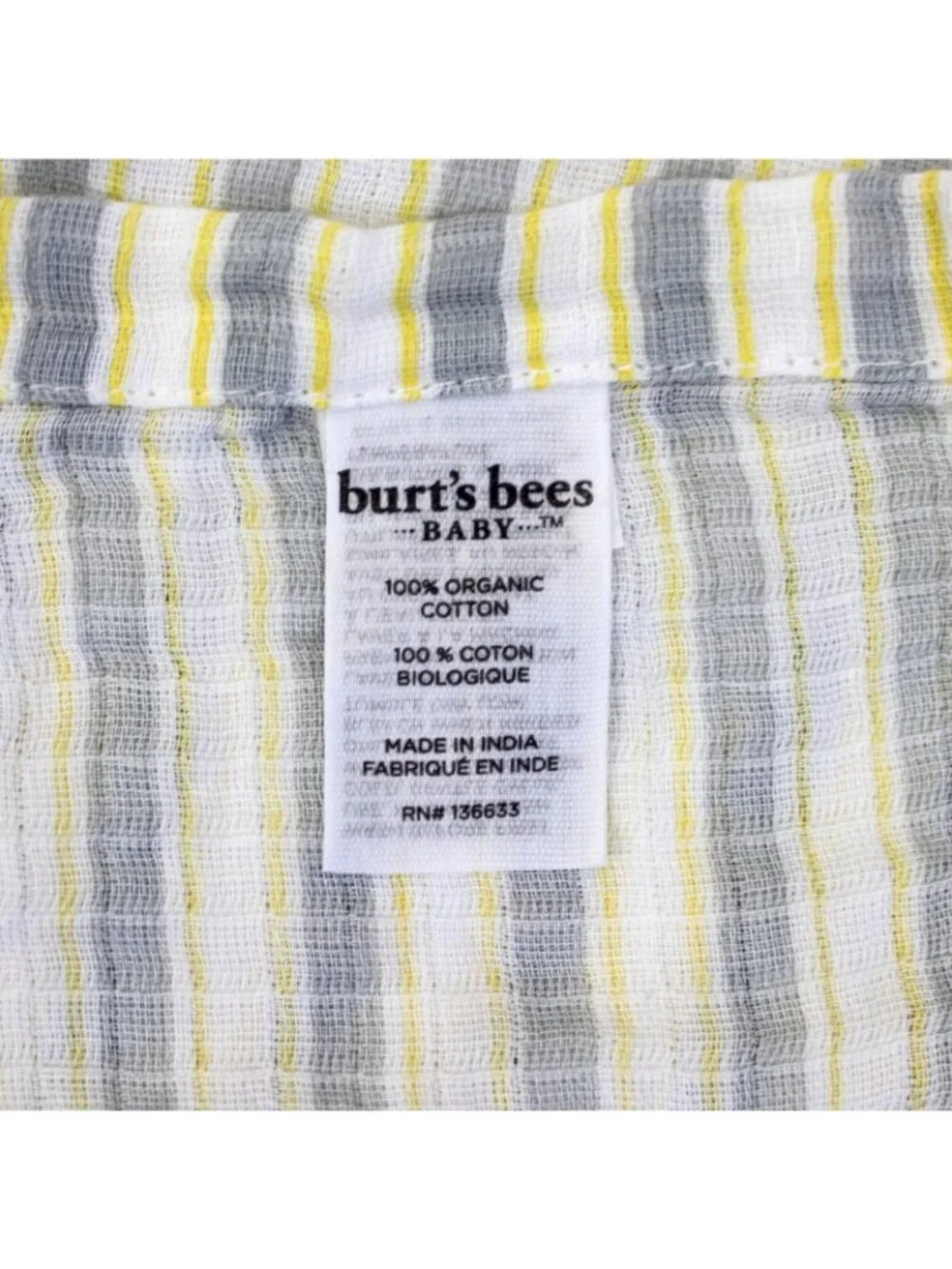 Burts Bee Muslin Baby Blanket Yellow Gray White Stripe Organic Cotton Swaddle